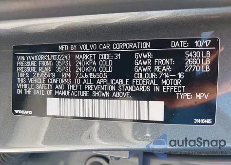 2018 Volvo Xc60 T5 Momentum from USA, damaged, VIN YV4102RK1J1032243